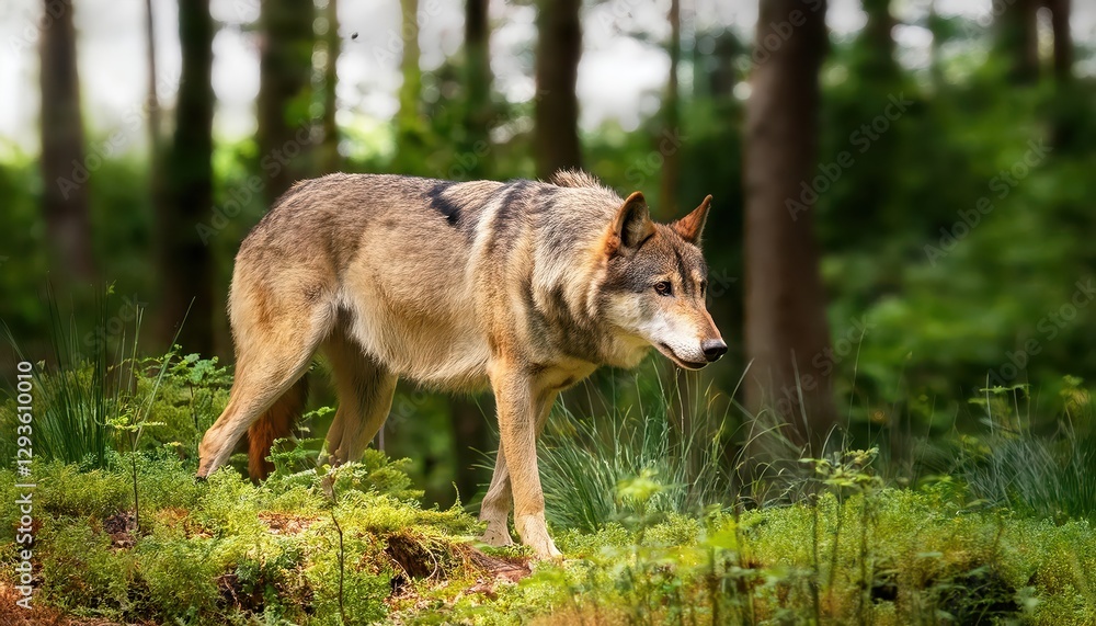 Majestic Grey Wolf Roaming Mysteriously Through a Dappled Forest, Majesty and Solitude Coexisting Amidst the Whispers of Natures Rustic Beauty. Majestic Grey Wolf Roaming Mysteriously Through a Dappled Forest, Majesty and Solitude Coexisting Amidst the Whispers of Natures Rustic Beauty.