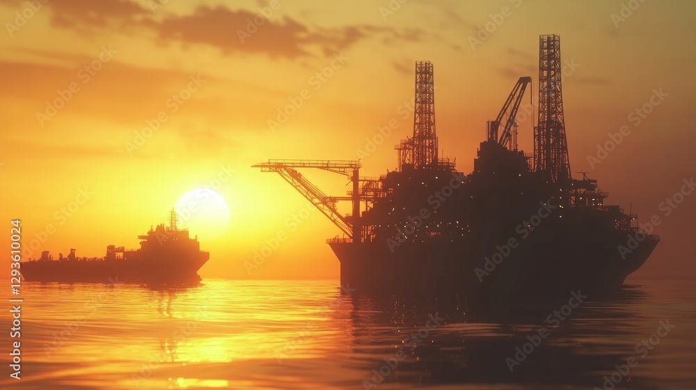 Offshore Oil Rig at Sunset: A Majestic Silhouette Offshore Oil Rig at Sunset: A Majestic Silhouette