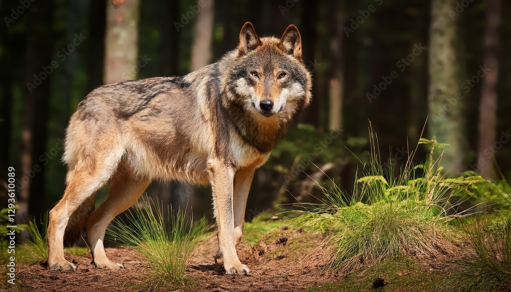 Grey Wolf Roaming Mysterious Forest, Majestic Solitaire against Dappled Light and Autumn Hues, Emanating an Aura of Wild Freedom and Serene Majesty Grey Wolf Roaming Mysterious Forest, Majestic Solitaire against Dappled Light and Autumn Hues, Emanating an Aura of Wild Freedom and Serene Majesty
