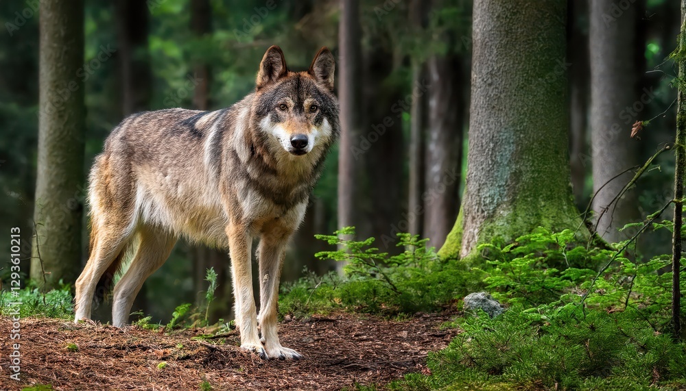 Fototapeta premium Grey Wolf Roaming Through Dense Forest at Twilight, Majestic Creature Caught in a Moment of Quiet Serenity and Mystery