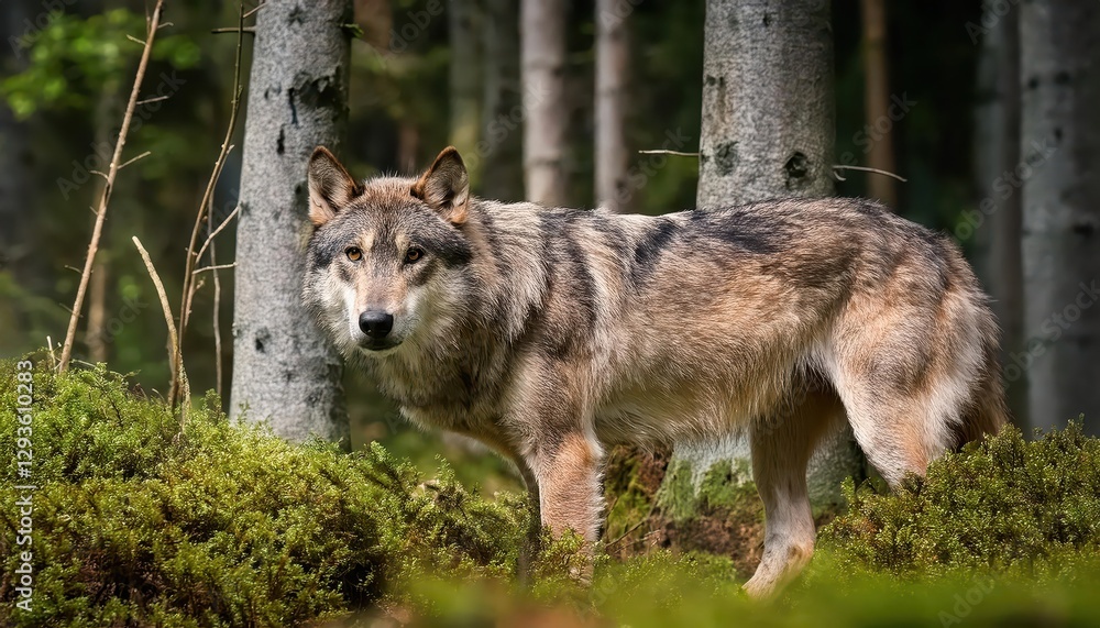 Grey Wolf in Forest Majestic Mammal Basking in Shadows Amidst Lush Greenery and Autumn Hues, Evoking a Sense of Mystery and Majesty Grey Wolf in Forest Majestic Mammal Basking in Shadows Amidst Lush Greenery and Autumn Hues, Evoking a Sense of Mystery and Majesty