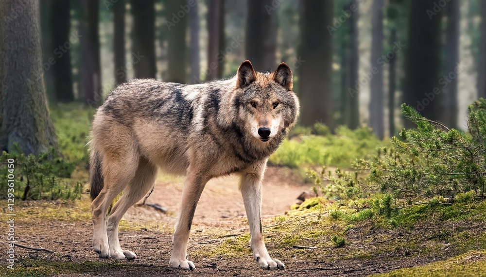 Grey Wolf Roaming Through Dense Forest as Twilight Falls, Majestic Mammal Caught in Mystical Moment Against Backdrop of Rustic Wilderness, Evoking a Sense of Solitude and Serenity. Grey Wolf Roaming Through Dense Forest as Twilight Falls, Majestic Mammal Caught in Mystical Moment Against Backdrop of Rustic Wilderness, Evoking a Sense of Solitude and Serenity.