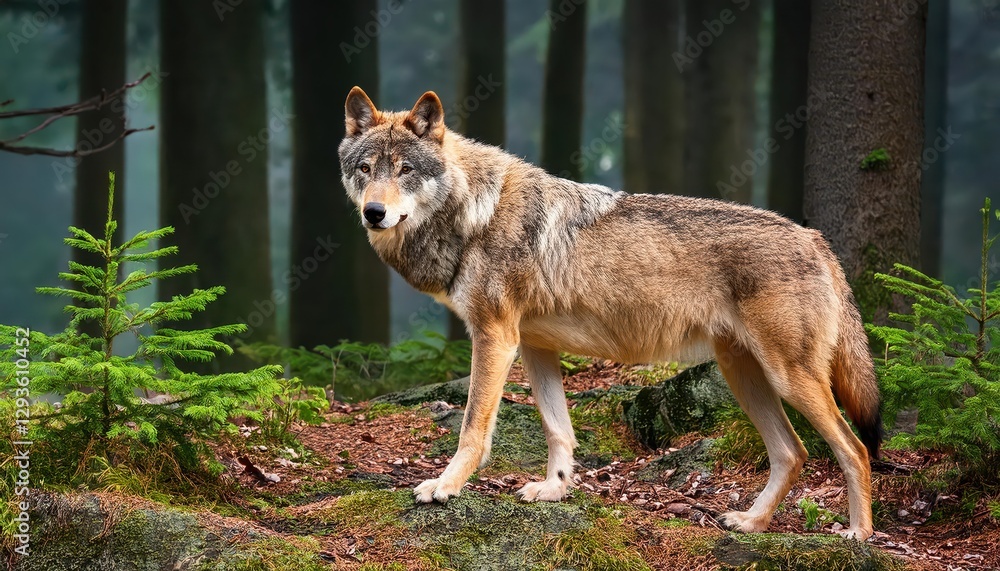 Naklejka premium Grey Wolf in the Enchanting Forest Dusk, Majestic Creature Roaming through Autumnal Landscape, Framed by Shadows and Misty Meadows