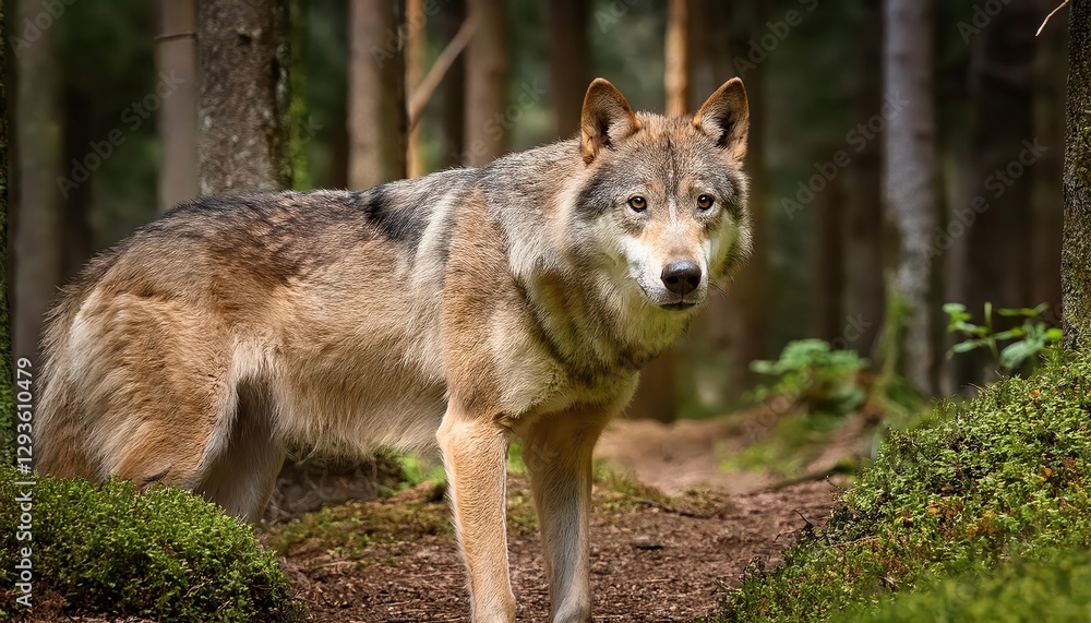 Grey Wolf Roaming Through Dense Forest at Twilight, Majestic Creature Basking in Autumnal Light Amidst Whispers of Ancient Trees and Mossy Rocks Grey Wolf Roaming Through Dense Forest at Twilight, Majestic Creature Basking in Autumnal Light Amidst Whispers of Ancient Trees and Mossy Rocks