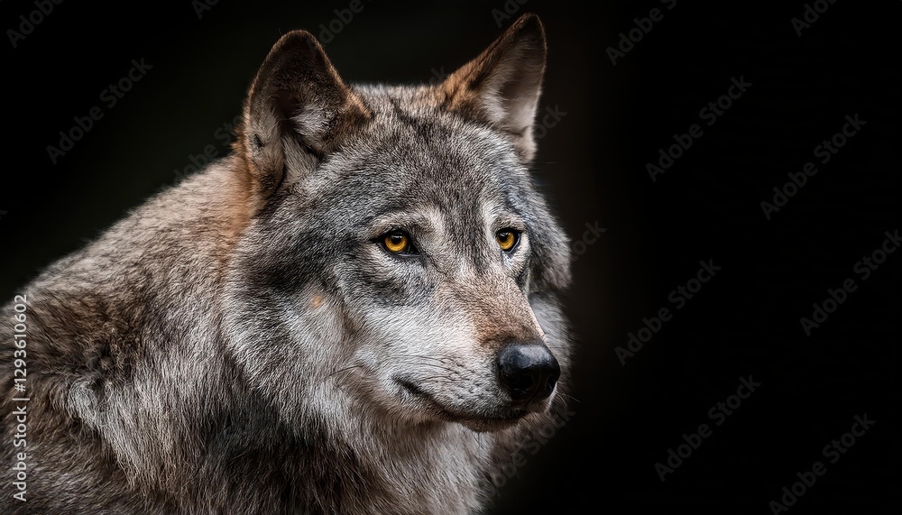 Majestic Grey Wolf against a Black Backdrop Steely Gazes into the Unknown, Exuding Power and Mystique in a Striking Monochrome Portrait. Majestic Grey Wolf against a Black Backdrop Steely Gazes into the Unknown, Exuding Power and Mystique in a Striking Monochrome Portrait.