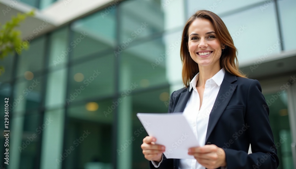 Businesswoman with white paper in front of office building, blank, professional Businesswoman with white paper in front of office building, blank, professional