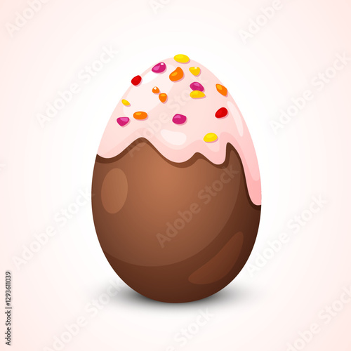 Easter holiday chocolate egg with white chocolate glaze and decorated candied fruit isolated on gradient background. Holiday sweets 
