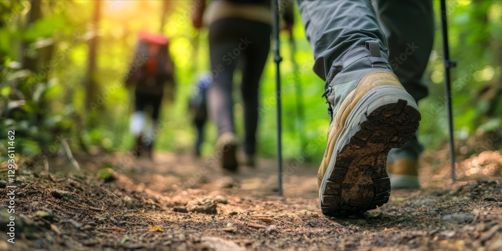 Walking on Nature Trail with Walking Stick, focus on feet. Walking on Nature Trail with Walking Stick, focus on feet.
