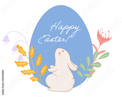 Easter bunny sitting card icon. Fluffy rabbit sitting in front of a blue egg with Happy Easter text, surrounded by decorative flowers and leaves. Festive spring holiday illustration