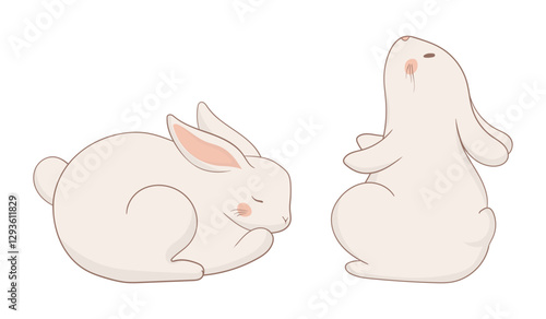 Sleeping and sitting bunny set. Two rabbits, one curled up sleeping and the other sitting upright. Soft minimalistic illustration representing calmness and relaxation.