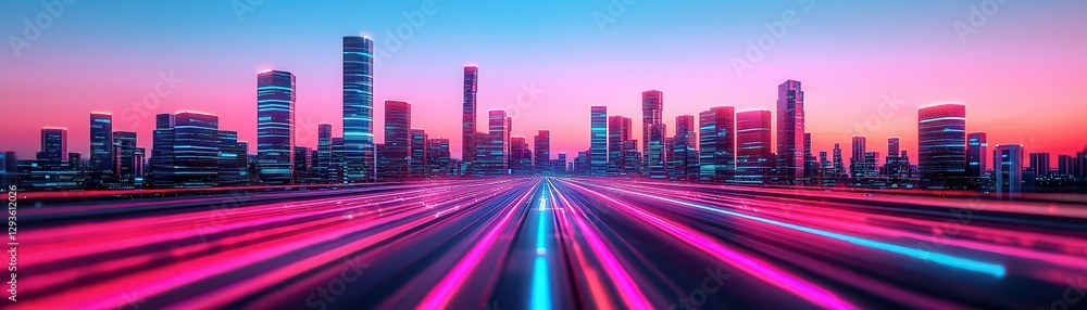 A vibrant city skyline at sunset, featuring illuminated buildings and dynamic light trails on a road, creating a futuristic atmosphere. A vibrant city skyline at sunset, featuring illuminated buildings and dynamic light trails on a road, creating a futuristic atmosphere.