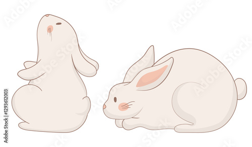 Sitting and lying bunny icon. One rabbit sits upright with perked ears, while the other lies down comfortably. Minimalist animal illustration conveying attentiveness and relaxation