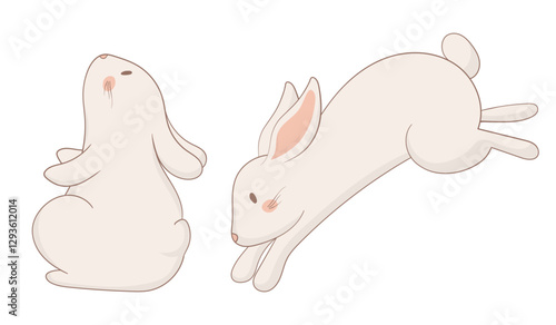 Sitting and jumping bunny icon. One rabbit sits calmly while the other is mid-leap. Cartoon-style illustration capturing a mix of stillness and action
