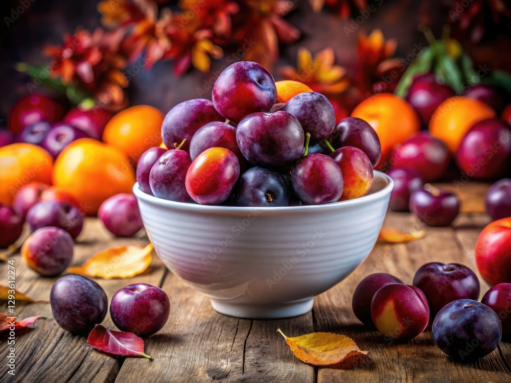 Fall Farmers Market Fruit Still Life: Purple Plums & Orange Pluots in White Bowl Fall Farmers Market Fruit Still Life: Purple Plums & Orange Pluots in White Bowl