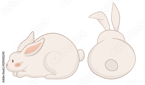 Resting and back-view bunny icon. One rabbit is lying down peacefully while the other is shown from behind with perked ears. Simple and soft animal illustration