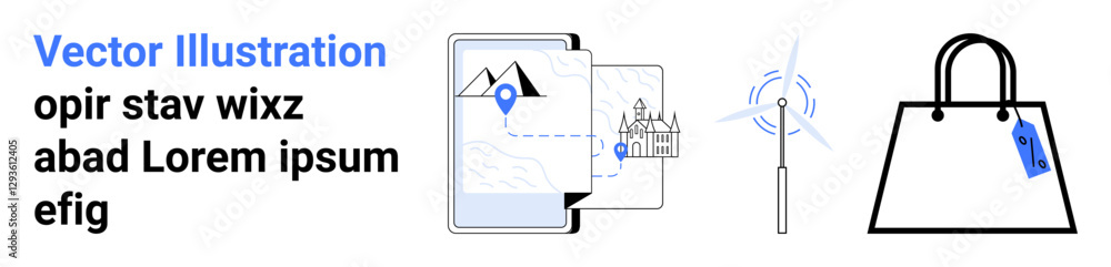 Tablet with map and landmarks, wind turbine symbolizing sustainability, shopping bag with price tag for eco-shopping. Ideal for travel, tourism, sustainability, navigation, retail, e-commerce Tablet with map and landmarks, wind turbine symbolizing sustainability, shopping bag with price tag for eco-shopping. Ideal for travel, tourism, sustainability, navigation, retail, e-commerce