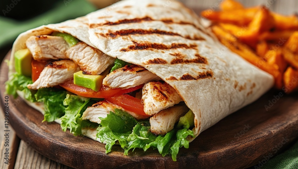 Grilled Chicken Avocado Wrap with Sweet Potato Fries Grilled Chicken Avocado Wrap with Sweet Potato Fries