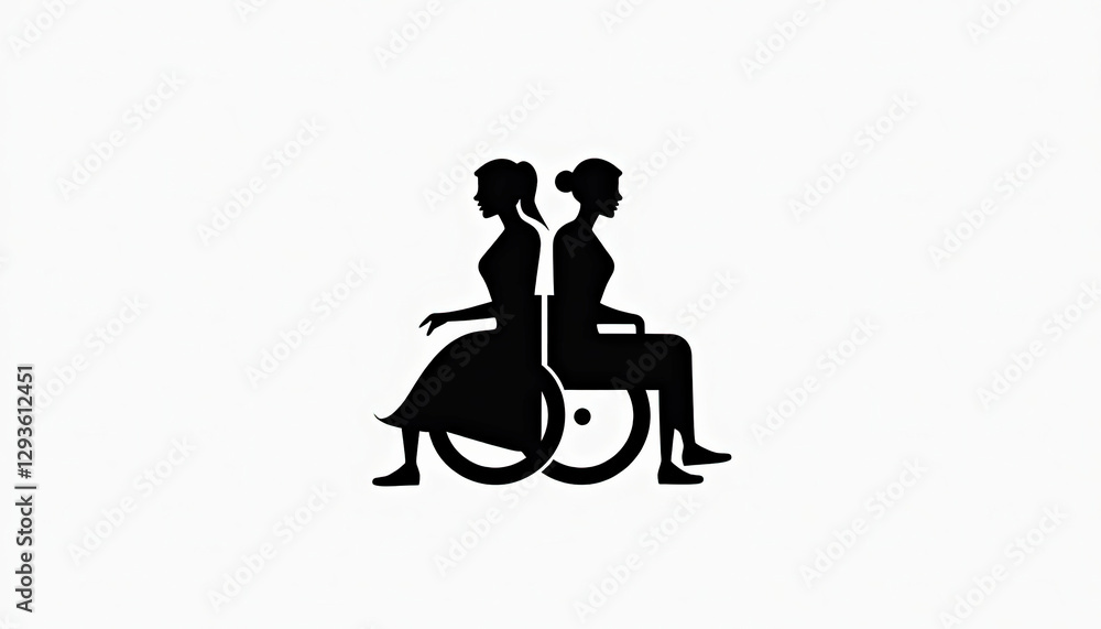 Fototapeta premium Elegant Two Women in Wheelchairs Back-to-Back Companionship Symbol with Copy Space