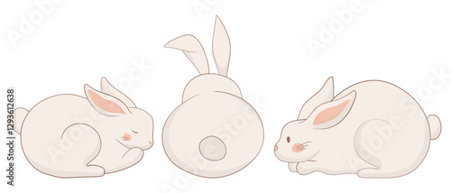 Three bunny icon set. One rabbit is sleeping, another lies down, and the third is shown from behind with perked ears. A minimalist and calming animal illustration