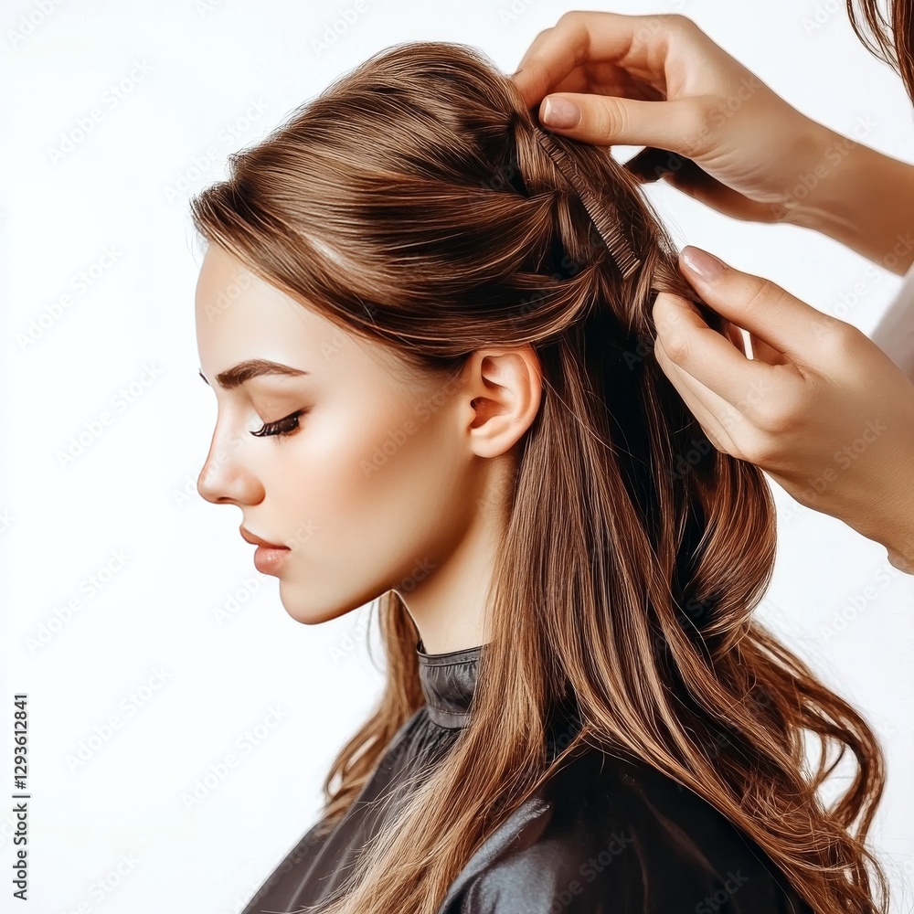 Naklejka premium Hair stylist styling brunette's hair