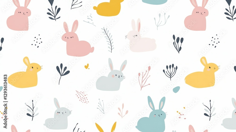 Cute Pastel Bunny Pattern with Floral Elements for Spring Design Cute Pastel Bunny Pattern with Floral Elements for Spring Design