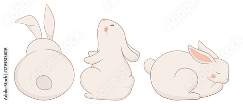 Back-view, sitting, and jumping bunny icon. One rabbit is shown from behind, another sits upright, and the third is mid-leap. A minimalist and dynamic animal illustration