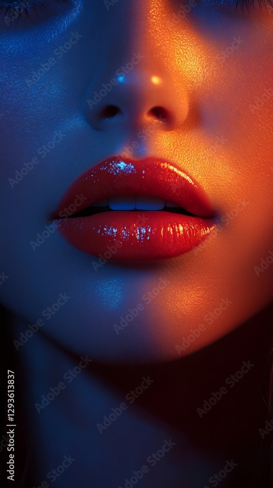 Obraz premium Woman with red lips and dramatic lighting posing for beauty portrait