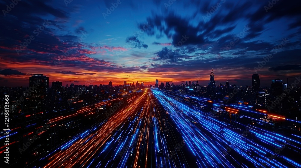 Obraz premium A stunning sunset over a city skyline, showcasing vibrant streaks of orange and blue lights from moving vehicles, creating a dynamic atmosphere.