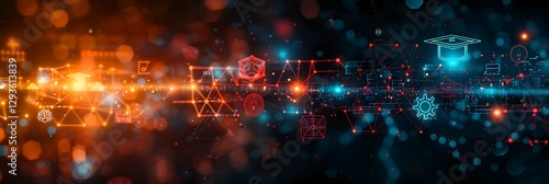 Wallpaper Mural Futuristic neon wireframe design of interconnected education symbols like graduation caps gears appearing pulse with light offering a techinspired look at learning with plenty of copy space Torontodigital.ca