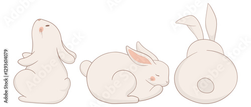Resting, back-view, and jumping bunny icon. One rabbit lies down, another is viewed from behind, and the third is mid-leap. A charming and lively animal illustration