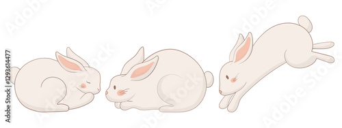 Sleeping, resting, and jumping bunny icon. One rabbit is curled up asleep, another lies down, and the third is mid-leap. A peaceful and dynamic animal illustration