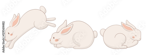 Resting, jumping, and sitting bunny icon. One rabbit lies down, another is mid-leap, and the third sits upright looking up. A charming and minimalistic animal illustration