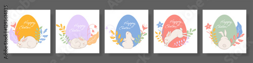 Easter card with a resting bunny, floral ornaments, and a purple egg backdrop. Gentle pastel tones highlight the festive and cheerful holiday mood