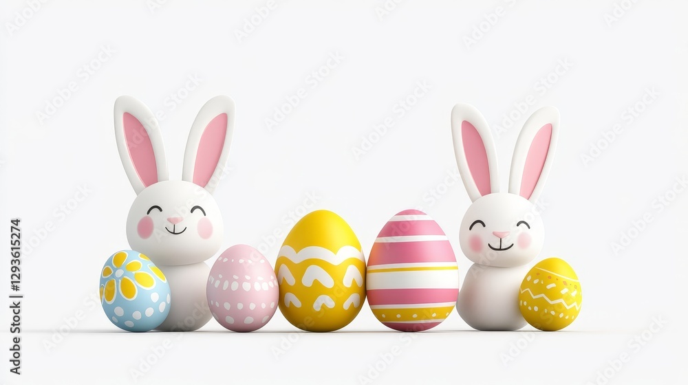 Obraz premium Cute Cartoon Bunnies with Colorful Easter Eggs on White Background