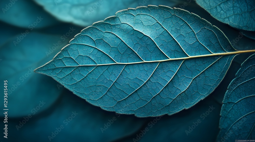 Obraz premium A stunning close-up shot of a teal leaf, showcasing its intricate veins and textures. A perfect example of nature's artistry. Teal Leaf Macro Photography: Nature's Intricate Beauty