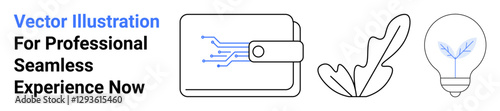 Digital wallet with circuit lines, abstract leaf symbolizing sustainability, and light bulb representing innovation. Ideal for fintech, eco-solutions, creativity, new ideas, technology, startups