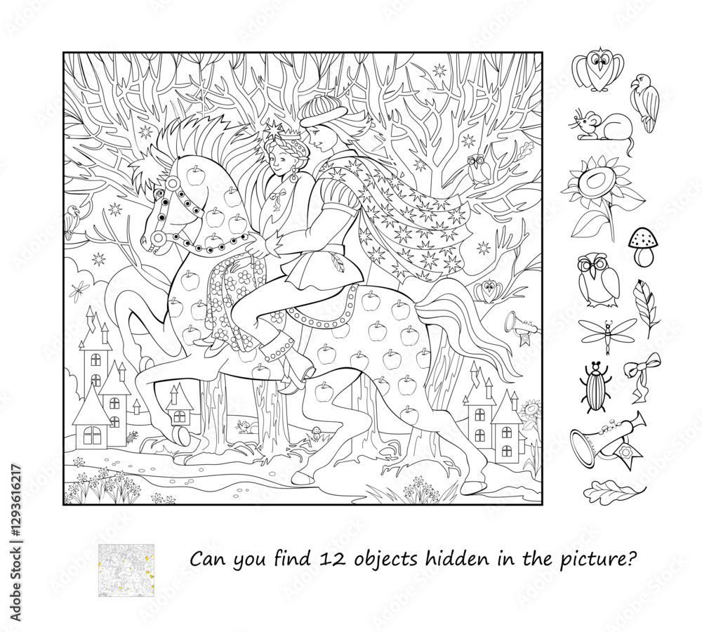 Fototapeta premium Can you find 12 objects hidden in the picture? Logic puzzle game. Illustration of a prince and princess riding in a fairy tale forest. Brain teaser book. Coloring book. Black and white vector drawing