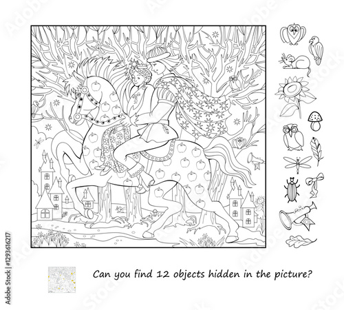 Can you find 12 objects hidden in the picture? Logic puzzle game. Illustration of a prince and princess riding in a fairy tale forest. Brain teaser book. Coloring book. Black and white vector drawing