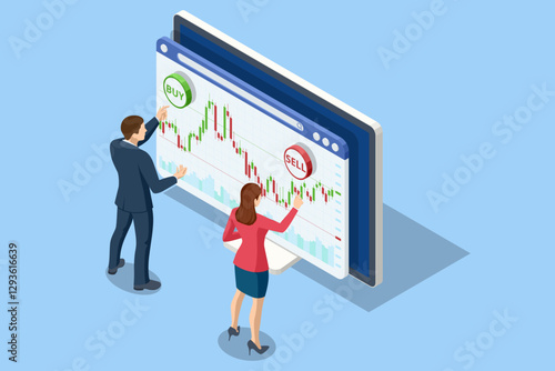 Isometric vector of traders interacting with a large digital financial interface on a computer, making buy and sell decisions. Stock trading, cryptocurrency, forex, investment