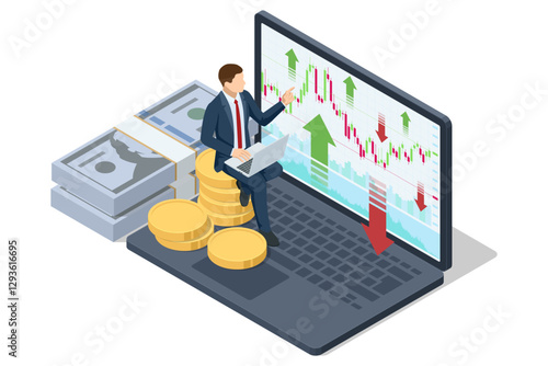 Isometric of a trader sitting on a laptop with a large financial screen showing stock market graphs and Buy Sell buttons. Stock trading, cryptocurrency, forex, investment.