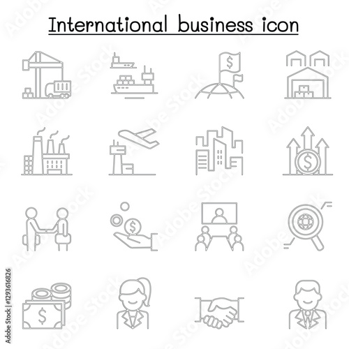 International business icons set in thin line style