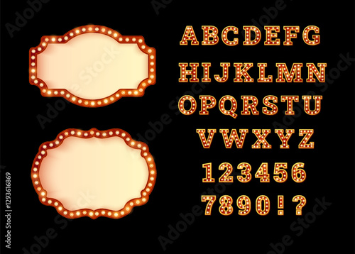 Retro alphabet, numbers and frames design with illuminated bulbs, Vector illustration.