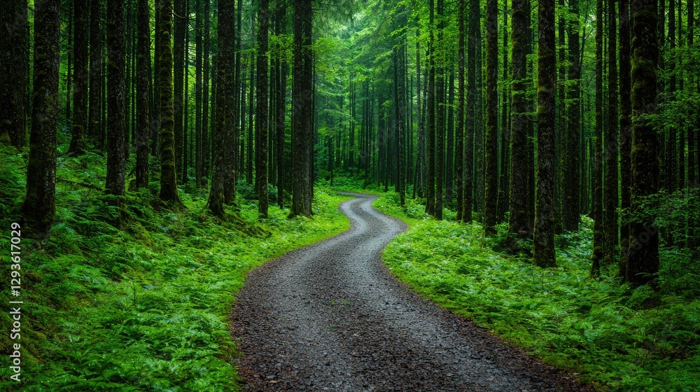 Fototapeta premium Winding Forest Path, Lush Green Trees, Tranquil Scene, Outdoor Photography, Nature Photography