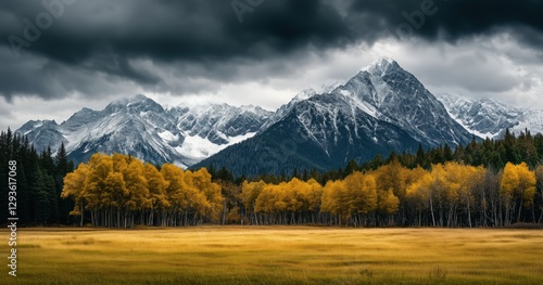 Une prairie en automne, ciel gris orageux avec nuages sombres, entourée de forêts et de montagnes enneigées, capturant une vue magnifique évoquant la grandeur et la beauté de la nature.