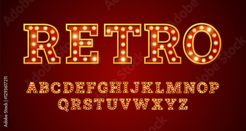Broadway style retro light bulb font, vintage alphabet lamp letters RETRO word, language uppercase typing vector symbols