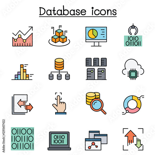 Data, Database, data mining, diagram, chart and graph icon set in thin line style