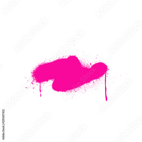 Pink spray paint with ink splatters vector shape, vector abstract graffiti spraying textured stain with dripping effect