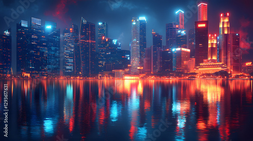 Nocturnal Cityscape: A mesmerizing view of a modern city skyline at night, with vibrant neon lights reflecting in the water.
