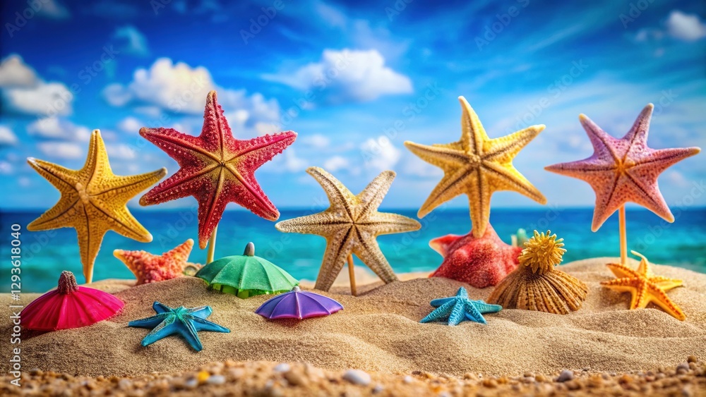Beach umbrellas, starfish, and skeletons, a summer scene. Beach umbrellas, starfish, and skeletons, a summer scene.