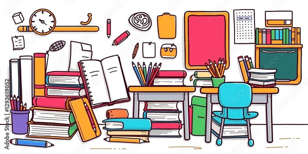 Fototapeta premium Cartoon School Elements in a Whimsical Doodle Style